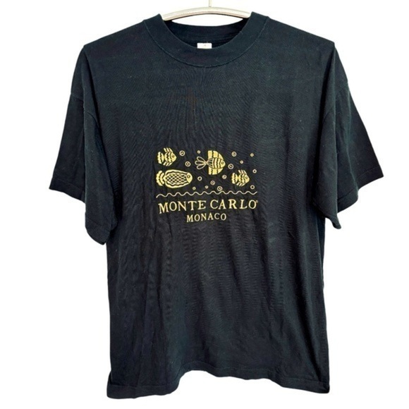 MONTE CARLO MONACO FISH BLACK T-SHIRT + GOLD EMBROIDERY, SIZE XL - Picture 1 of 8
